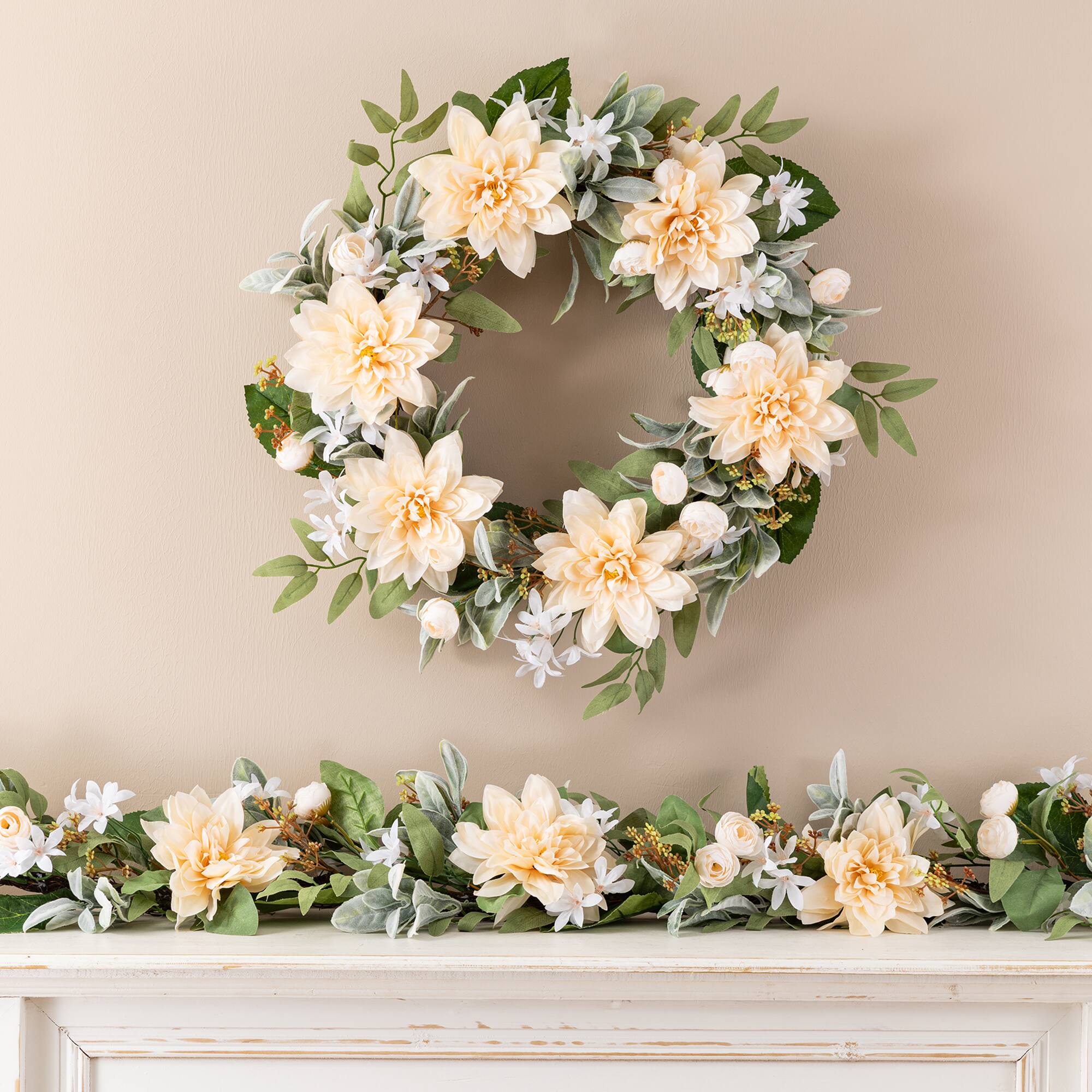 Glitzhome® 24" Peach Dahlia Floral Wreath with Black Metal Hanger